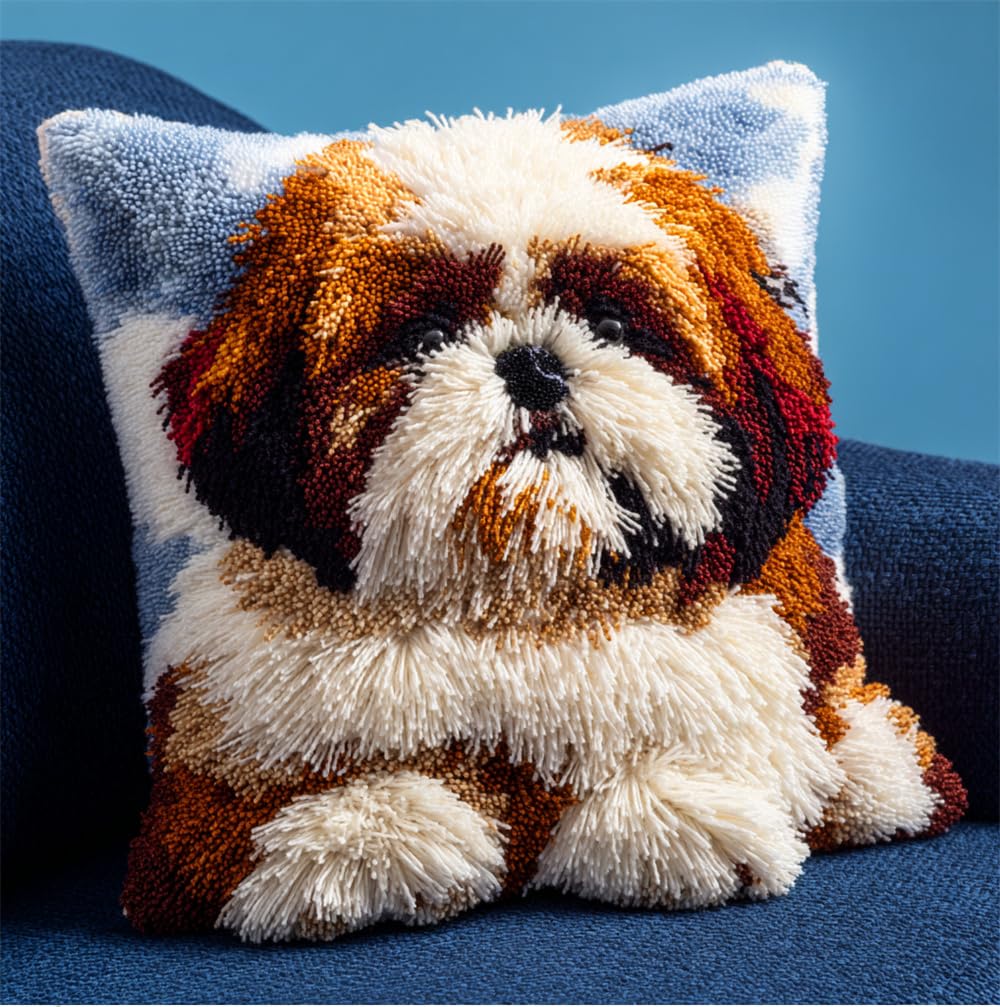 Rqwybcaxn Latch Hook Kit for Adults, Latch Hook Pillow Case Kits, Shih Tzu Dog DIY Latch Hook Cushion Kits 17X17Inch, Cross Stitch Embroidery Kits Latch Hook Pillow Cover Kits Home Decor