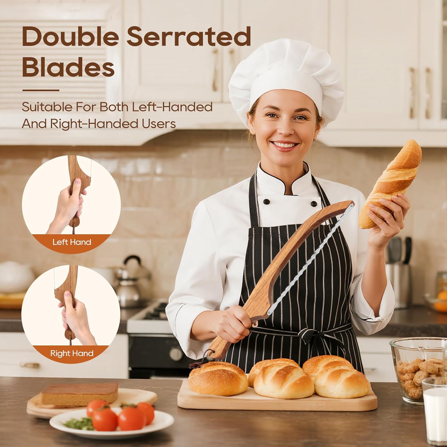 Mooues Sourdough Bread Knife, 15.7" Acacia Wood Double Serrated Bread Slicer, Ergonomic Handler, Premium Stainless Steel Bread Bow Knife for Homemade Bread, Bagels, and Baguettes