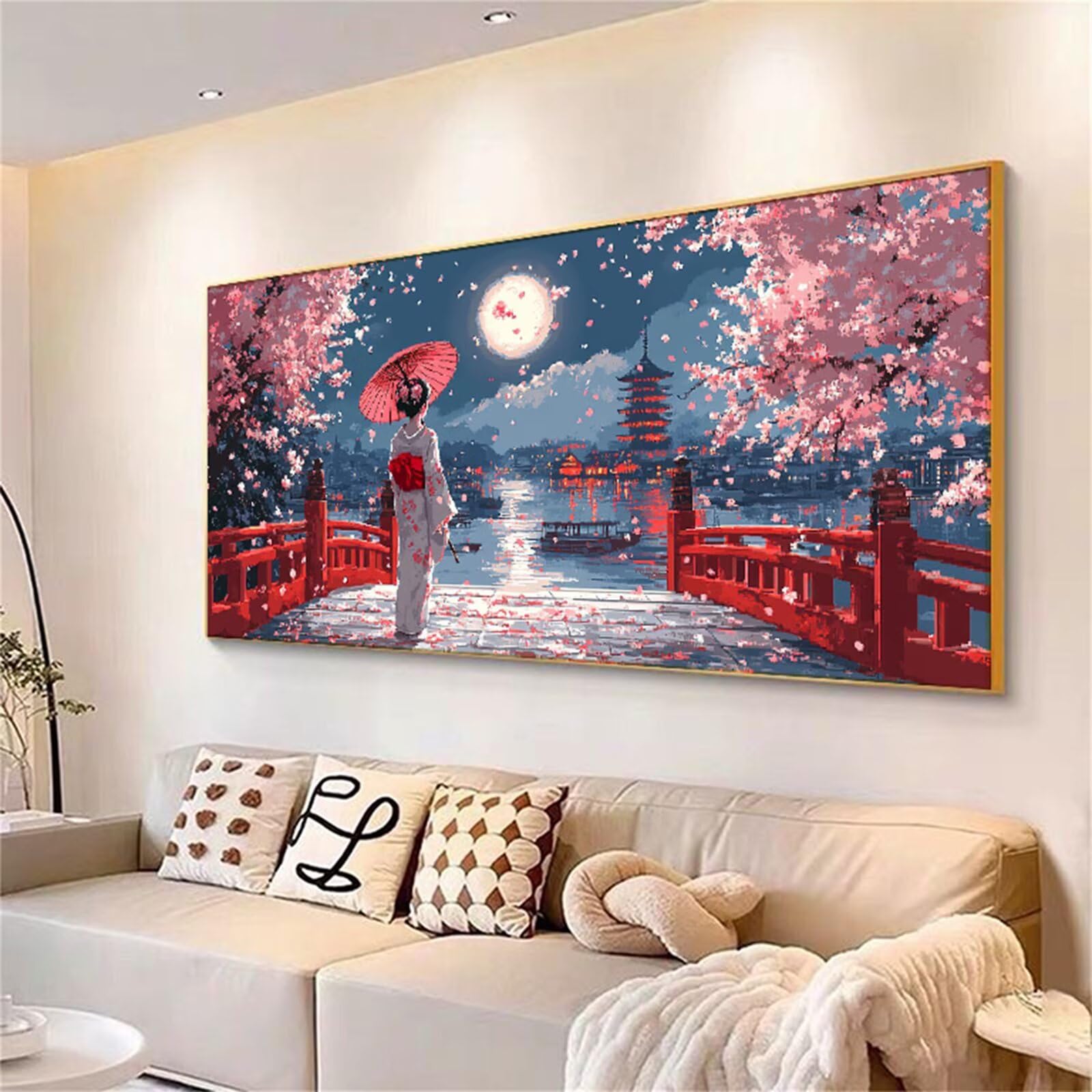 Diamentowe malowanie Japońska gejsza, kwiaty wiśni diamentowe malowanie dla dorosłych duży rozmiar 90 x 180 cm, 5D DIY diamentowe malowanie dla dorosłych, zestaw do ręcznego aktywnego ściegu