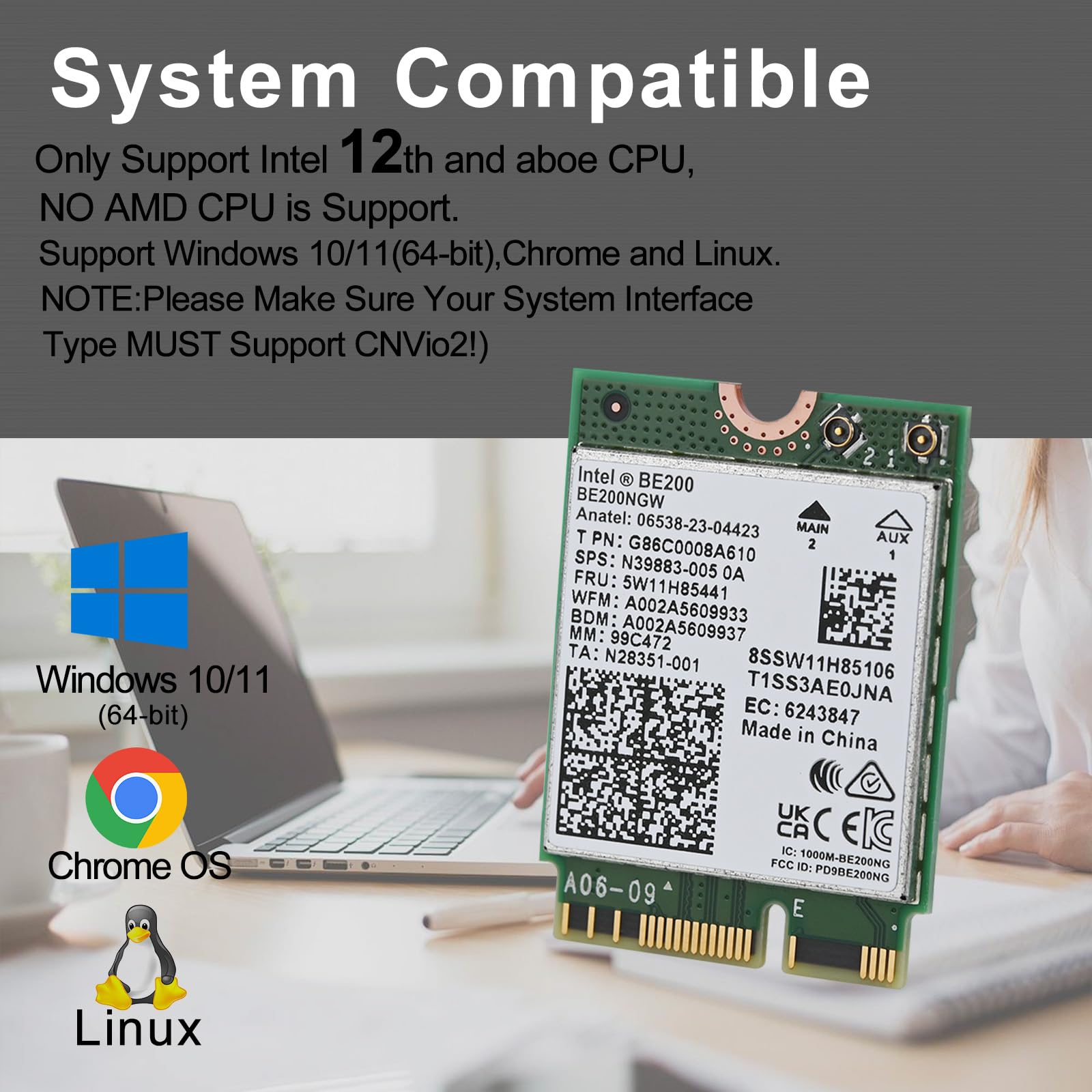 Carte WiFi 7 BE200NGW pour PC Portable, Module M.2/NGFF Key E Intel BE200, Tri-Bande 2,4GHz/5GHz/6GHz Jusqu’à 5,8 Gbps, Bluetooth 5.4, WiFi 7 320MHz, Compatible Windows 11/10 64 Bits, Linux