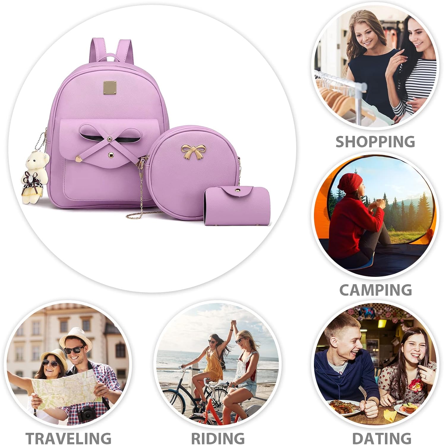 K.E.J. Mini Backpack Purse for Women Cute Bowknot Leather Backpack 3-PCS Small Backpack Purse for Ladies Shoulder Bag Casual Travel Daypacks - Image 7