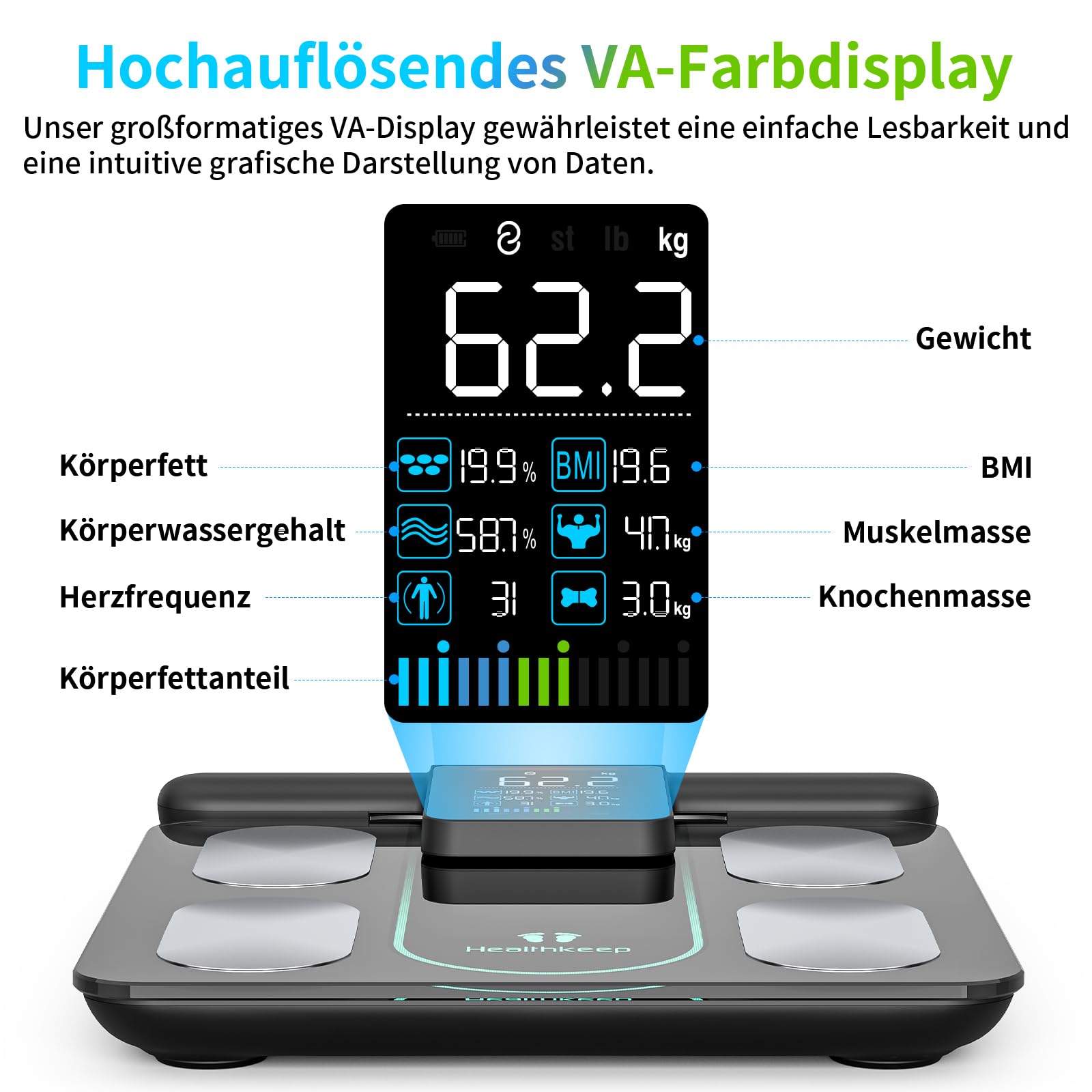 Healthkeep Waga osobowa połączona z miernikiem impedancji z 8 elektrodami 21 Wyświetlacz danych ciała VA Pomiar podwójnej częstotliwości BIA z aplikacją dla Andriod i iOS, Max. 180kg/400lb/28st