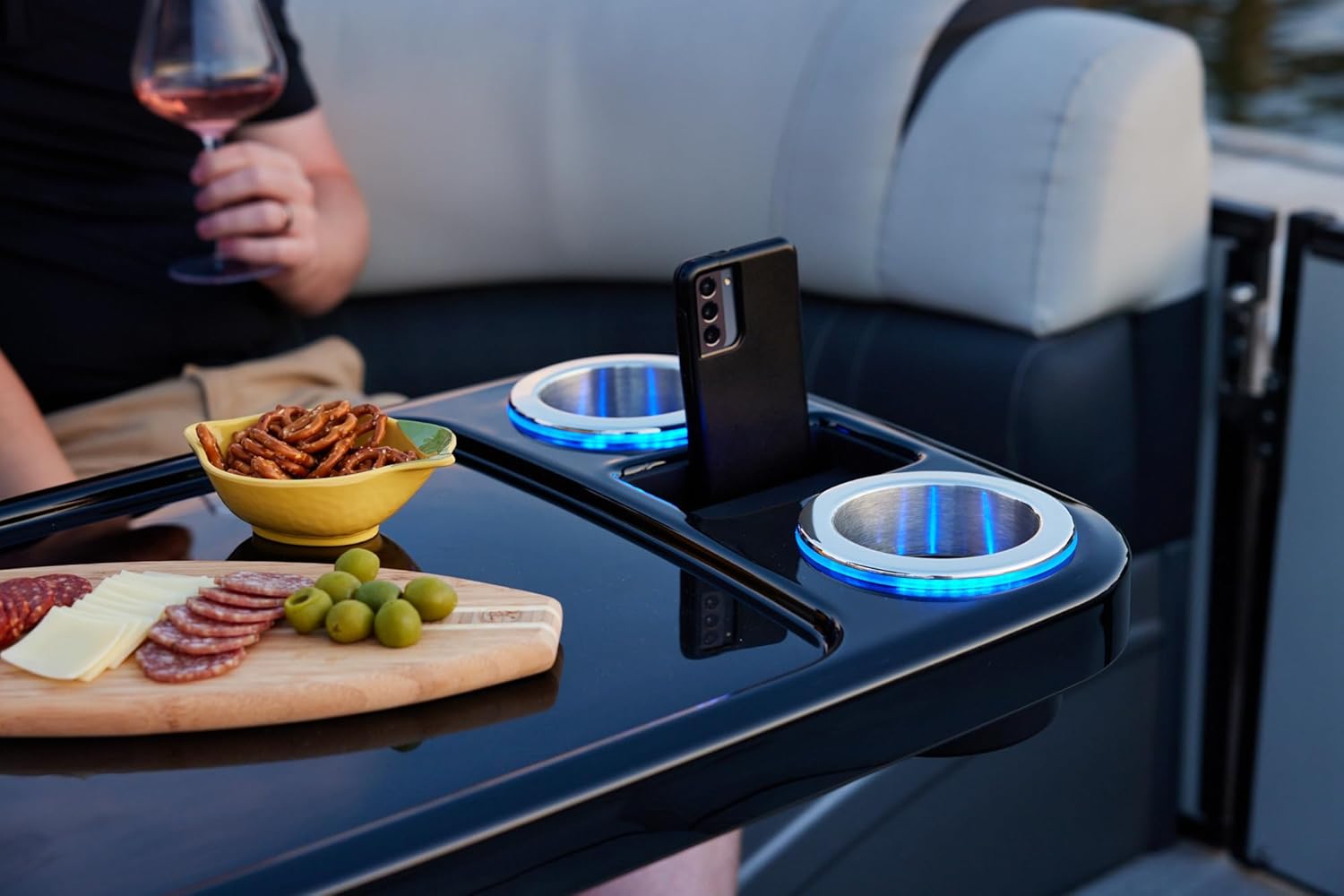 Manufacturers' Select ITC Lit Marine Boat Table Leg Set. Pontoon Accessories, Marine Pedestal Table. Large Top with Blue Led Lit Drink Holder