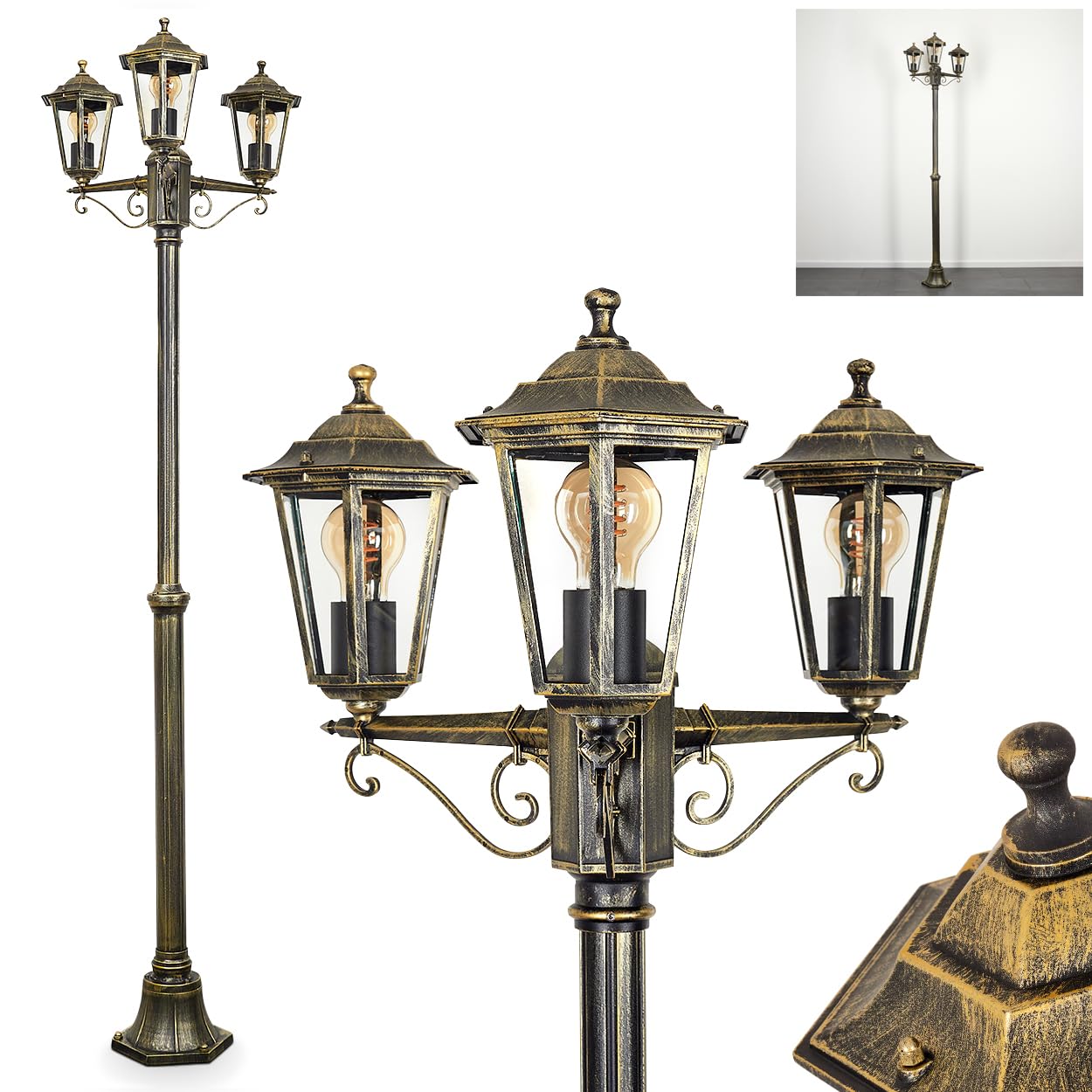 Lampa zewnętrzna Loria, oświetlenie ścieżki z metalu/szkła w kolorze złotym/brązowym/przezroczystym, kandelabr 3-punktowy antyczny wygląd, wysokość maks. 200 cm, oświetlenie ogrodowe IP44, 3 x E27,