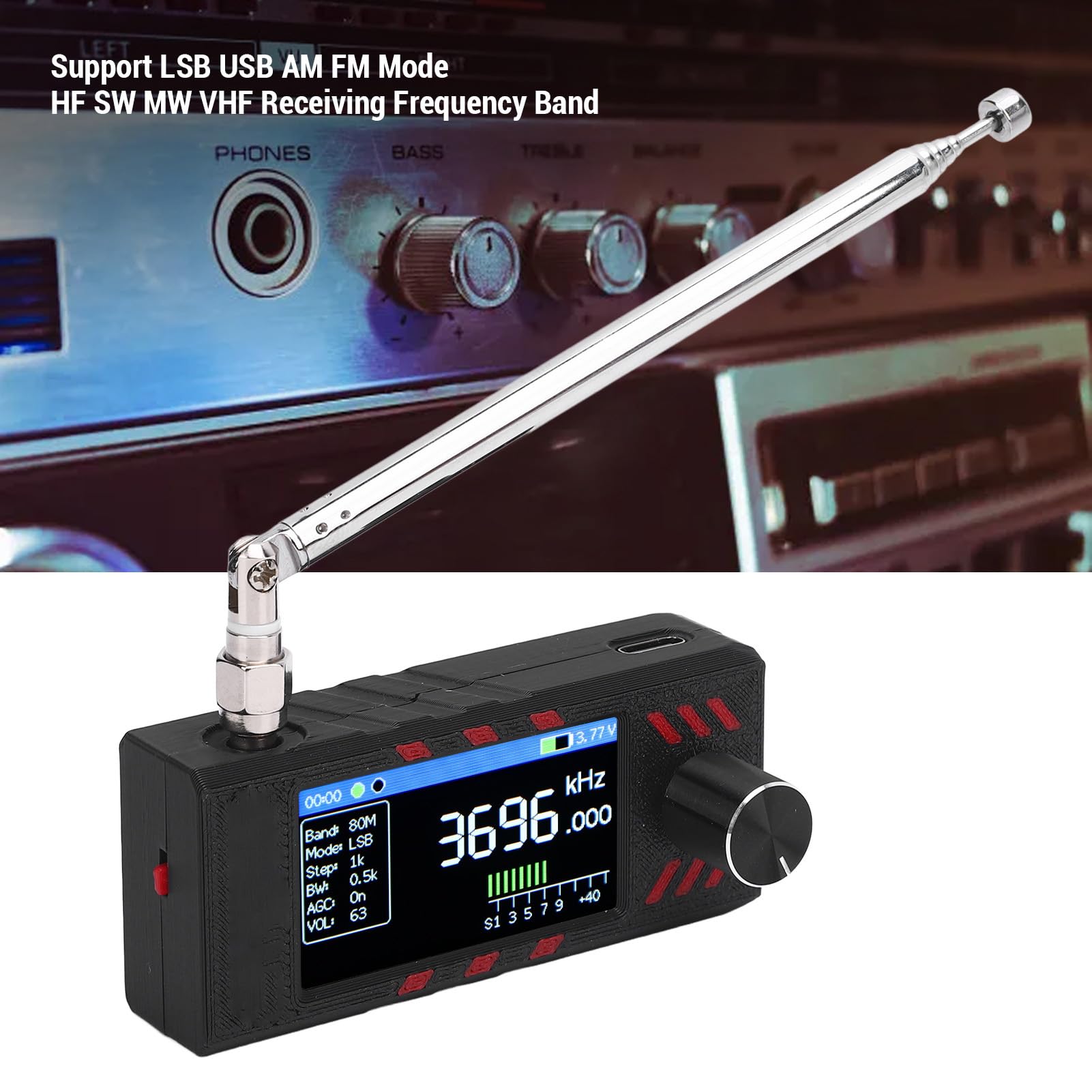 Luocute Mini Récepteur Radio, Radio à Ondes Courtes Portables avec écran de Couleur de 1,9 Pouce Récepteur de Bande Complète pour FM AM LSB USB avec Batterie de 800 MAh de Charge C.