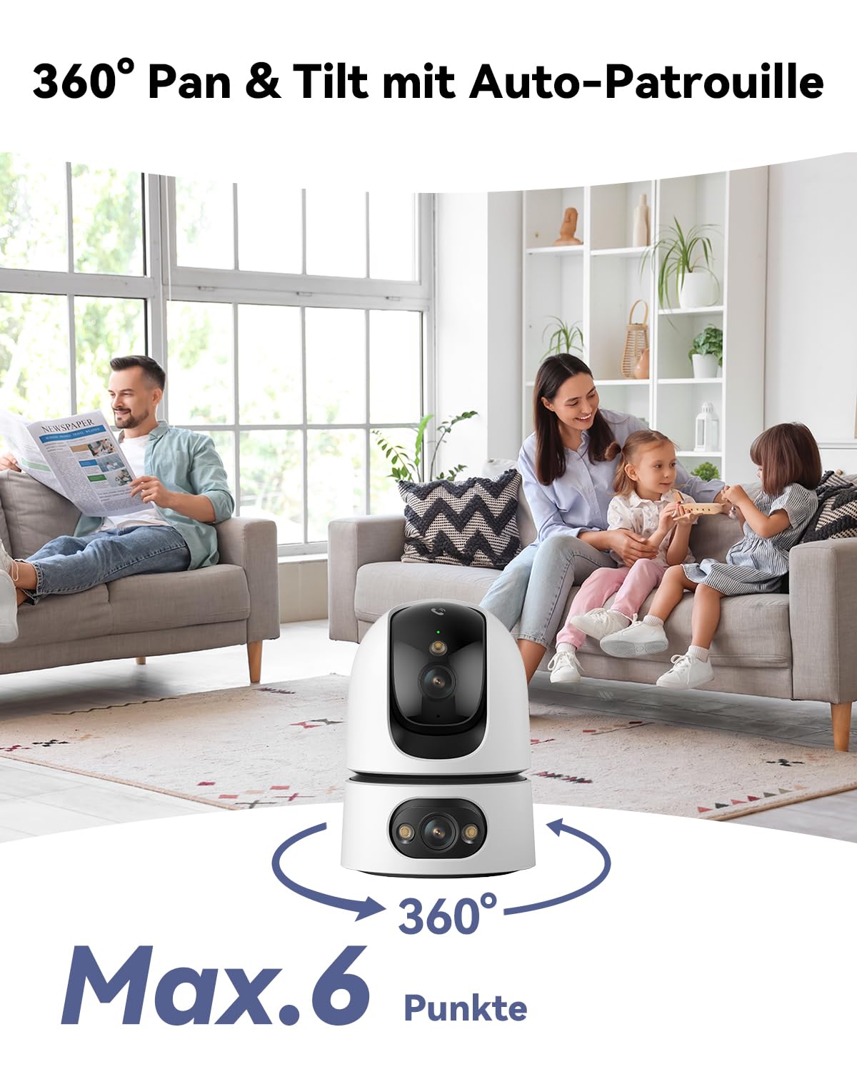 Imou 4MP+4MP Dual Kameras Überwachungskamera Innen mit 2.4/5GHz WLAN, KI-Person/Haustiererkennung, 360° PTZ WLAN Indoor Hunde Kamera, Farbnachtsicht, Smart Tracking, 2-Wege-Audio, Sirene, Modus Privat