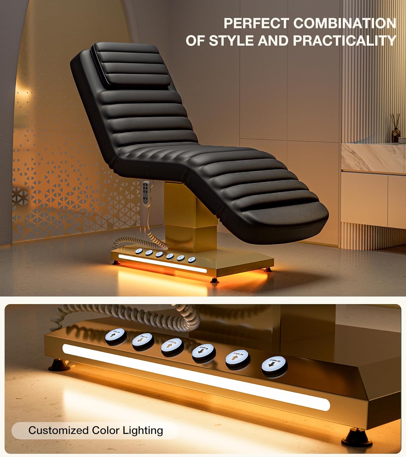SyyBhb Luxury Fully Electric Spa Chair, 3 Motor Spa Esthetician Lash Bed with LED Light, Motorized Height & Angle Adjustable for Facial & Medical, 550lbs Capacity, Black