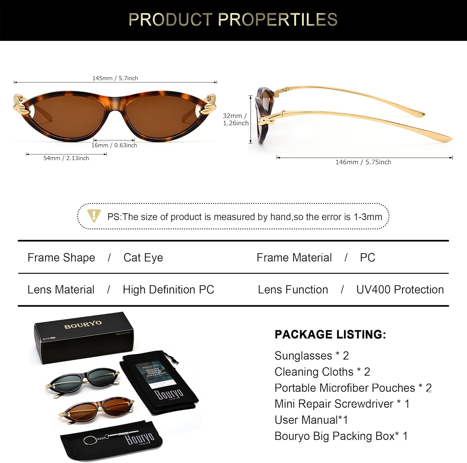 Bouryo Retro Cat Eye Sunglasses for Women Trendy Cateye Designer Sun Glasses with Gold Metal Temples Fashion Y2k Shades