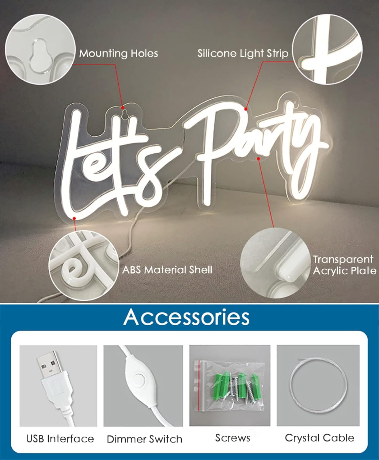 Wall Decor Light Up Letters Neon Signs|Dimmable LED Neon Lights Sign|USB Powered Creative Neon Lamp For Birthday Wedding Festival Party Decor,Let's Party-43x18.5cm
