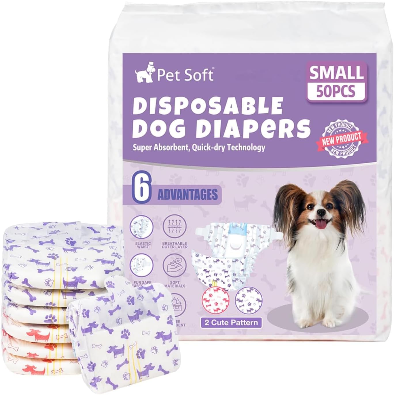 Pet Soft Female Dog Diapers - Disposable Doggie Diapers with Wetness Indicator, Puppy & Cat Diaper Super Absorbent, Fit for Female Dog in Heat or Incontinence, 50pcs (S, Mixed)