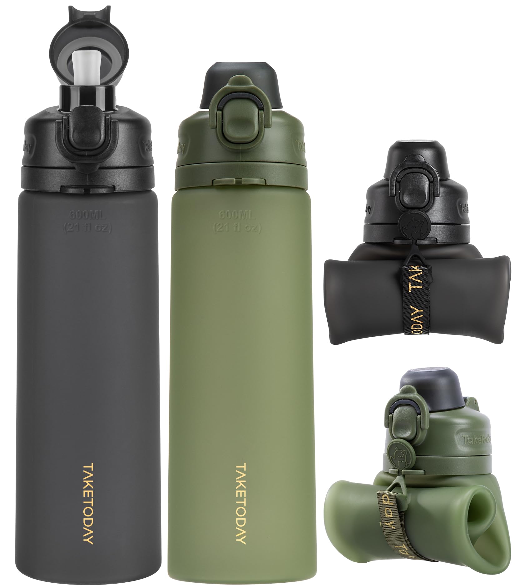 TakeToday Faltbare Wasserflaschen, 600 ml, 2 Stück, auslaufsicher, BPA-frei, faltbare Silikon-Reise-Wasserflasche mit Strohhalmgurt für Reisen, Outdoor, Schwarz und Dschungel | Faltbare Flasche aus Platin-Silikon mit auslaufsicherem Deckel, breite Öffnung
