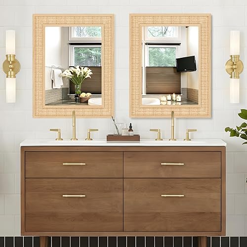 Miniatura 5 de Espejo de pared de ratán con marco de madera de 22 x 28 pulgadas, espejo rectangular de madera para decoración de pared, baño, sala de estar,