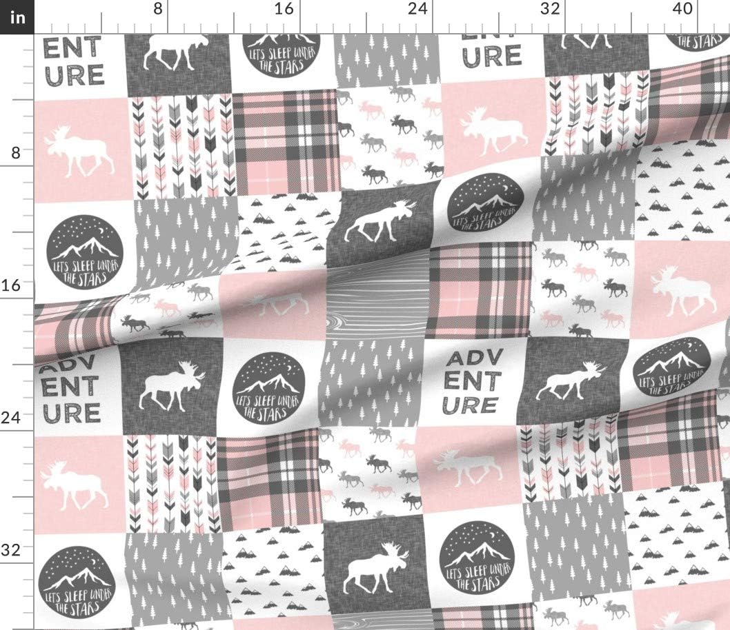 Spoonflower Fabric - Adventure Moose Woodland Patchwork Plaid Pink Wholecloth Little Arrow Printed on Petal Signature Cotton Fabric by The Yard - Sewing Quilting Apparel Crafts Decor