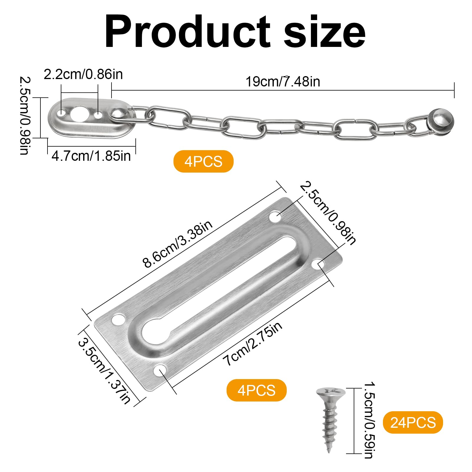 4 serrature a catena in acciaio inox, per porte anteriori, resistente, antifurto, limitatore interno per porte, balconi, residenze, camere da letto, armadi, finestre, motel, argento