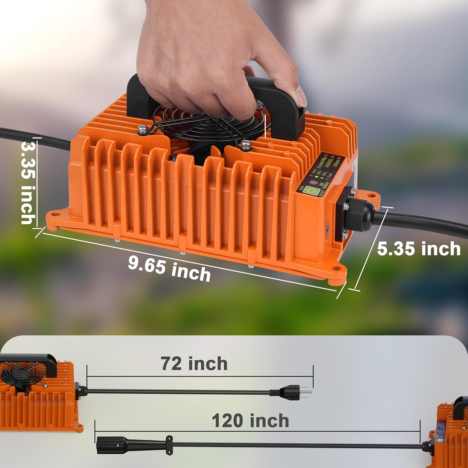 Diagram showing the dimensions of the 10L0L 15A/48V Golf Cart Battery Charger.