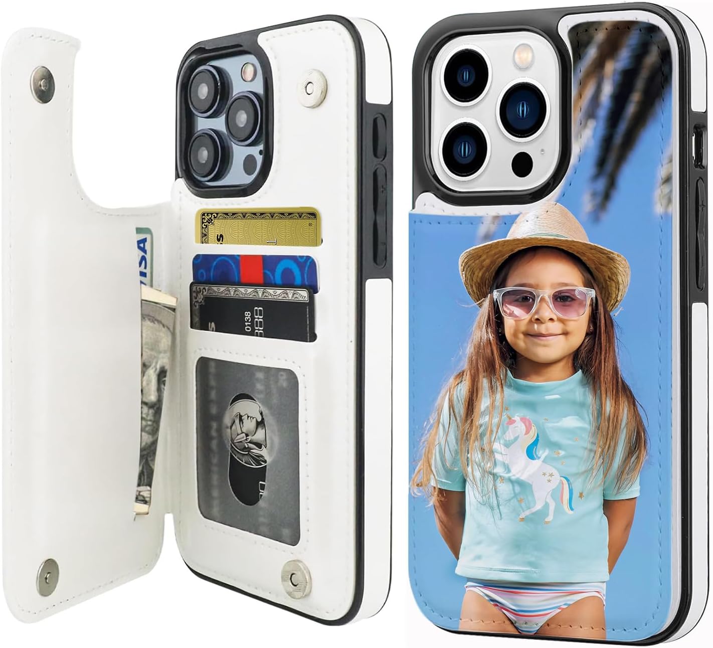 Custom Phone Case for iPhone 11 12 13 14 15 16 17 Pro Max Wallet Case with Card Holder, Personalized Picture PU Leather Double Magnetic Buttons Flip Case White