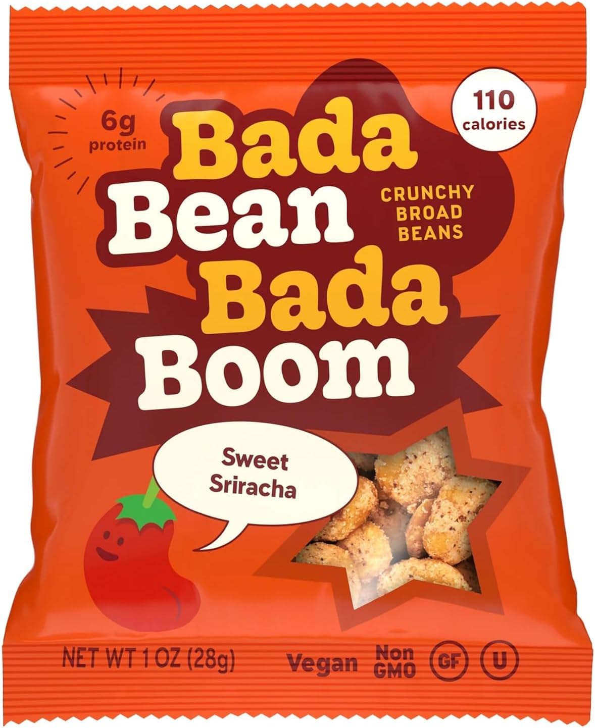 Bada Bean Bada Boom - Plant-Based Protein, Gluten Free, Vegan, Crunchy Roasted Broad (Fava) Bean Snacks, 110 Calories per Serving, Sriracha, 1 oz, 24 Pack