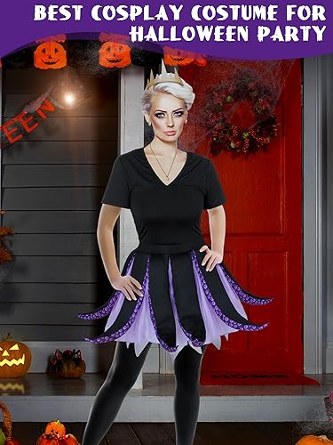 Miniatura 6 de 5 piezas de disfraz de mar de Halloween para mujer, disfraz de cosplay de pulpo morado, falda de tentáculo negro y morado, collar dorado (pequeño)
