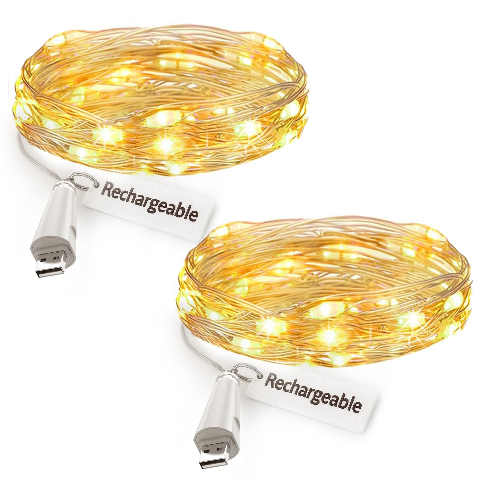 leegoal USB Rechargeable Fairy Lights, 7ft 20 LED Battery Operated String Lights, Waterproof Copper Wire Light for Bedroom Indoor Wedding Christmas Party DIY Decor(Warm White, 2 Pack)
