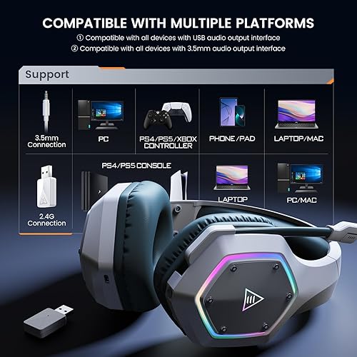 Miniatura 7 de EKSA E1000WT Wireless Gaming Headset,2.4GHz USB Gaming Headphones with Microphone for PC, PS5, PS4, Nintendo Switch, 7.1 Surround Sound Headset, RGB