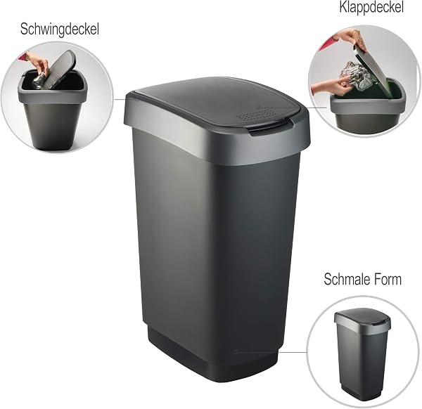 Rotho Twist Mülleimer 50l mit Deckel, als Schwing oder Klappdeckel nutzbar, Kunststoff, schwarz/silber, 50l (40.1 x 29.8 x 60.2 cm) - 3