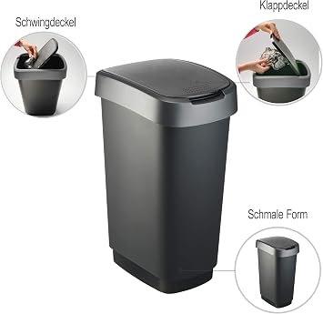 Rotho Twist Waste Bin with Lid, Plastic (PP), 25 Litres, Black/Silver, (33.3 x 25.2 x 47.6 cm), One Size