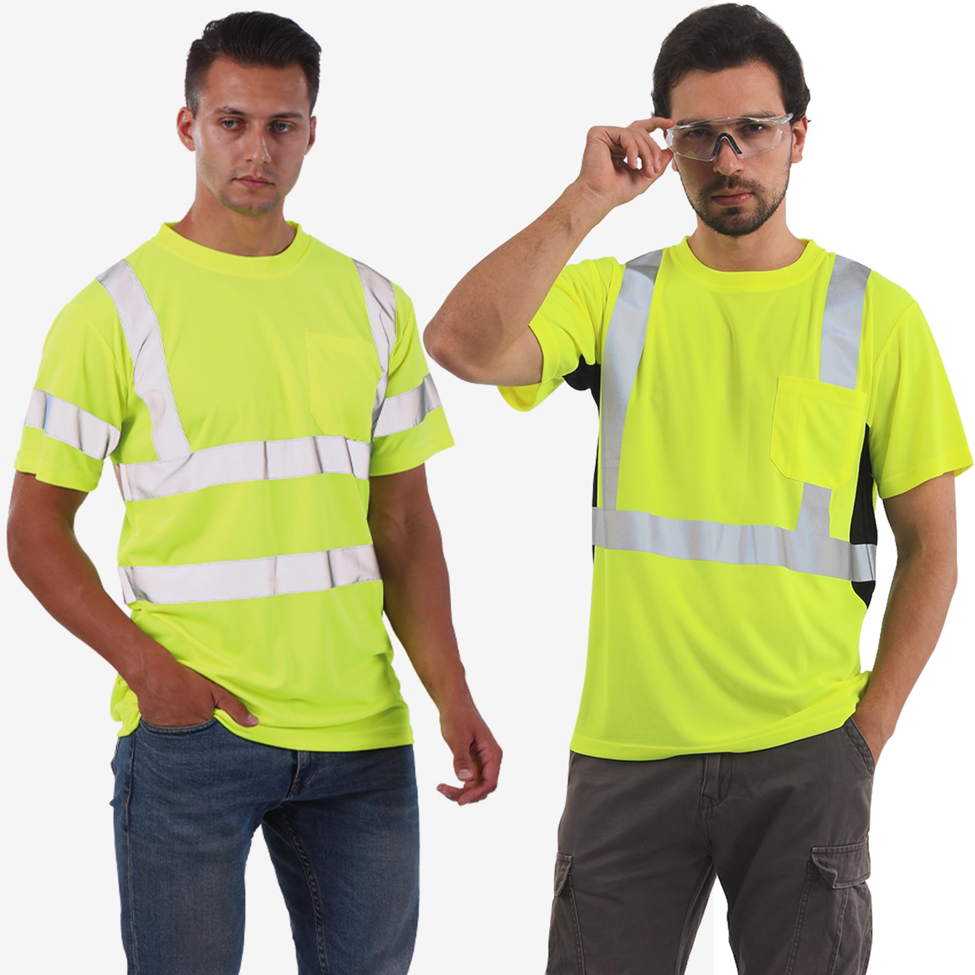 Hi Vis T Shirt Safety Reflective Shirts with Pocket, High Visibility Shirts for Men Construction Work Breathable Mesh Short Sleeve Yellow Bundle XL