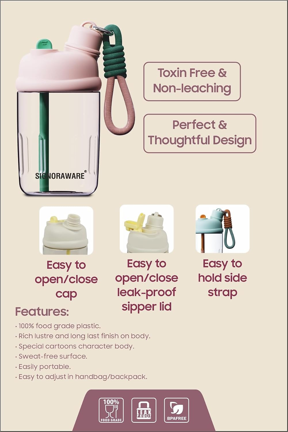 Signoraware Bunny Kids 650ml Tritan material Water Bottle with Straw for Kids Sipper for Kids with Leak-Proof Locking Lid for School Picnic Travel Home Cartoon Print Plastic Water Bottle, 650ml, Pink
