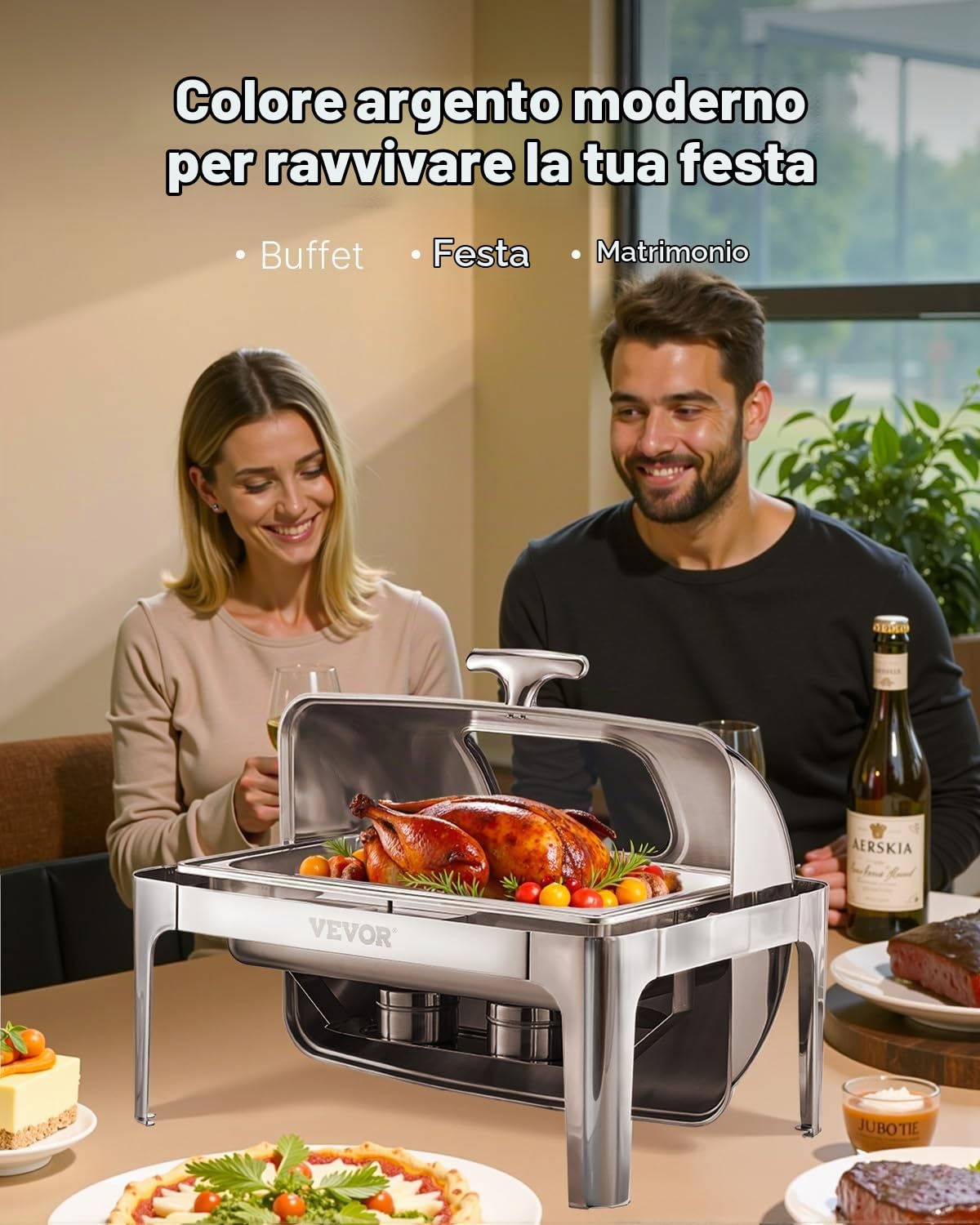 VEVOR Set di Scaldavivande 3,9 L Scaldavivande Rettangolare in Acciaio Inox, 1 Pezzo con 2 Padelle di Mezza Misura, Coperchio Visibile, Supporto Pieghevole per Padella per Acqua e Carburante, Argento
