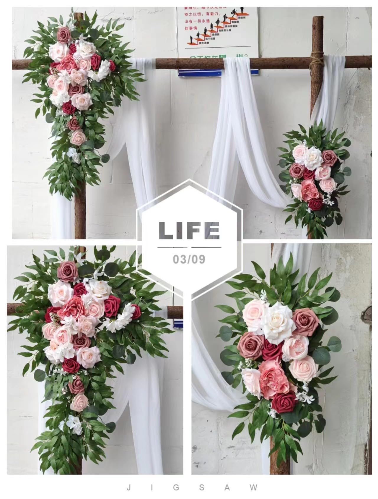 Hochzeitsbogen-Blumen-Set,4 Stück, Künstliche Blumenarrangements mit 2 Drapierten Stoffbögen, Blumengirlande für Hochzeitszeremonie und Empfang Dekoration (gemischt)