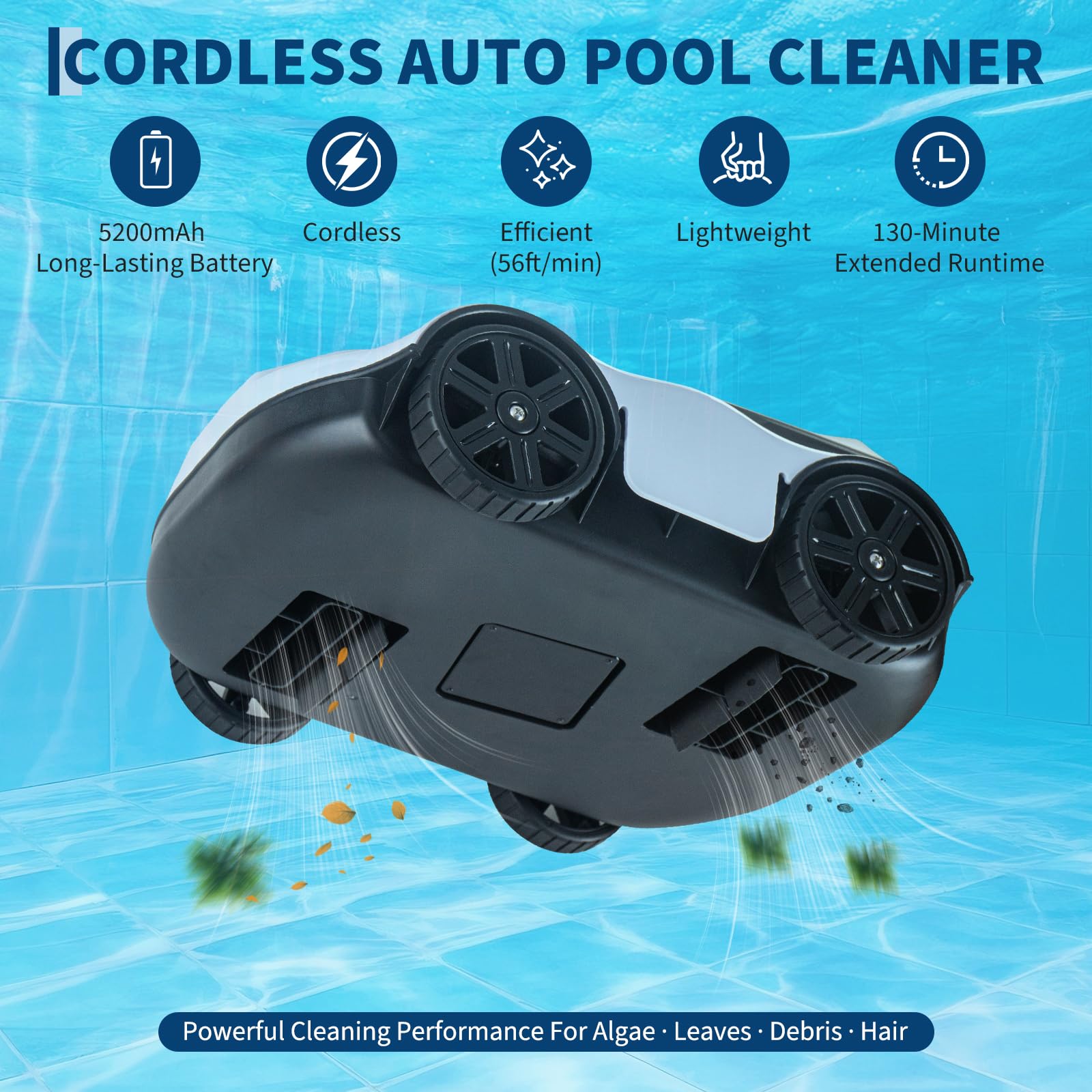 Poolroboter Kabelloser Poolsauger für Aufstellpool, bis 130 Min Akkulaufzeit, automatische Rückkehr zum Beckenrand, effizienter Bodenreiniger mit Filtersystem, leichtes Design und einfache Bedienung