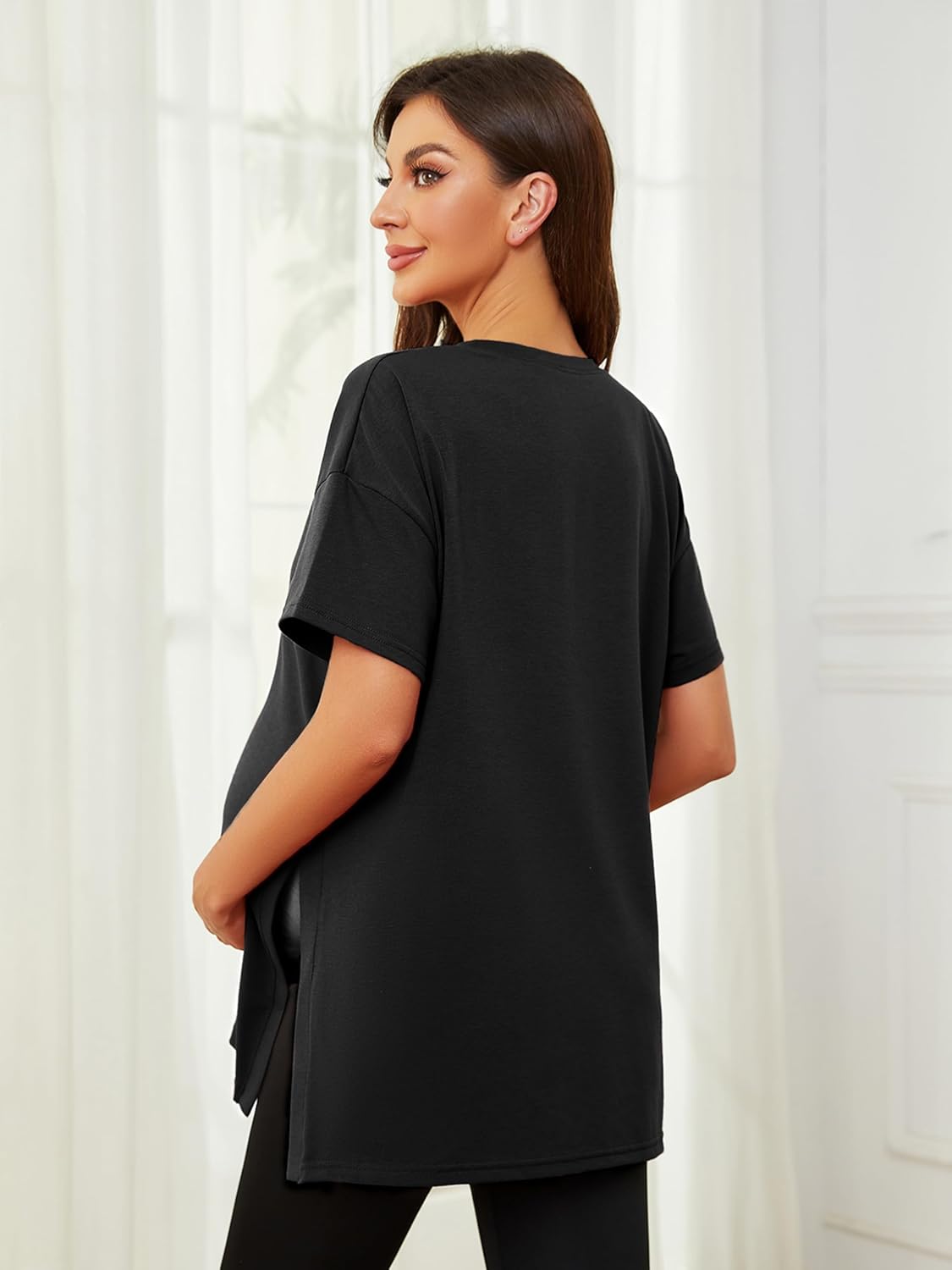 Ecavus Women's Casual Maternity Shirts Split Side Pregnancy Tops Blouses Short Sleeve Loose Fit Maternity Clothes - Image 6