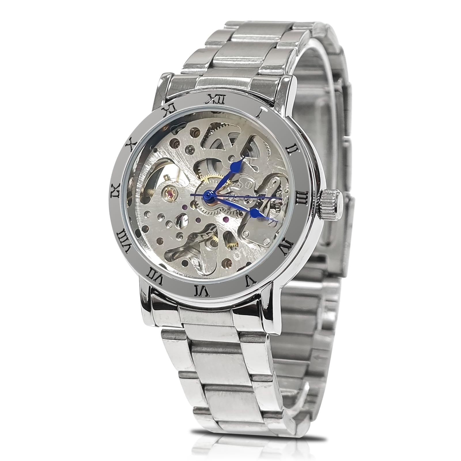 IK Women's Automatic Watch, Steampunk Self Winding Mechanical Silver Bracelet Women Wrist Watch