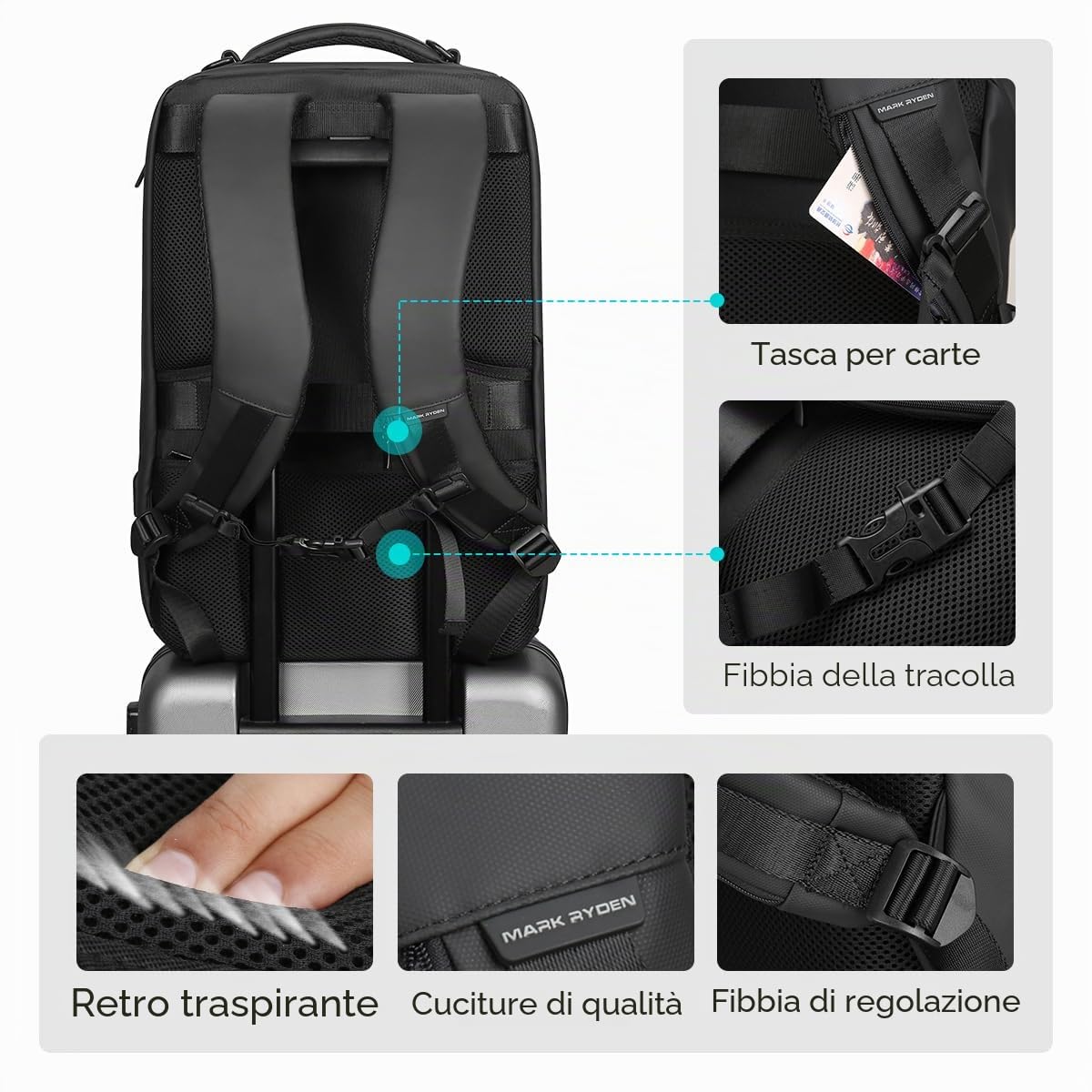 MARK RYDEN Zaino Grande capacità e impermeabile per gli uomini d'affari con porta di ricarica USB per i viaggi scolastici pack escursionismo per laptop sotto i 17,3 pollici