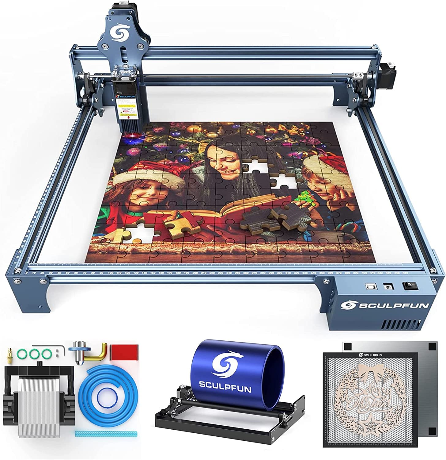 SCULPFUNS9 laser engraving and Air Assist Nozzle Kit With 30L/min Air Pump cutting machine for Acrylic stainless steel wood match Laser 360° Rotary Roller and 40 * 40CM Honeycomb Table (4pack UK)