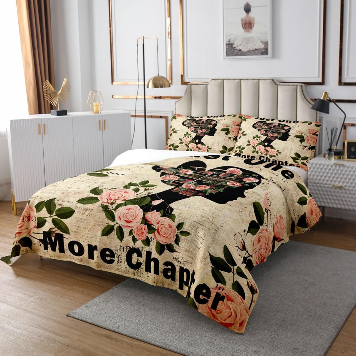 Homewish Book Reading Bedspread Twin Size,Pink Rose Flower Bedding Sets 2Pcs for Kids Girls Boys Room Decor,Reading Enthusiasts Comforter Set Vintage Style Quilt Coverlet,1 Pillowcase