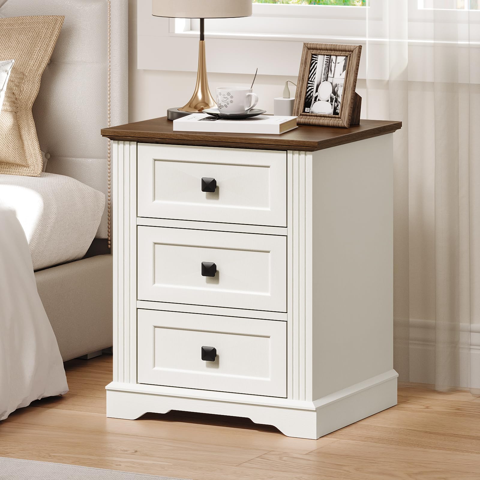 RALGEND Night Stand with Charging Station and 3 Drawers White