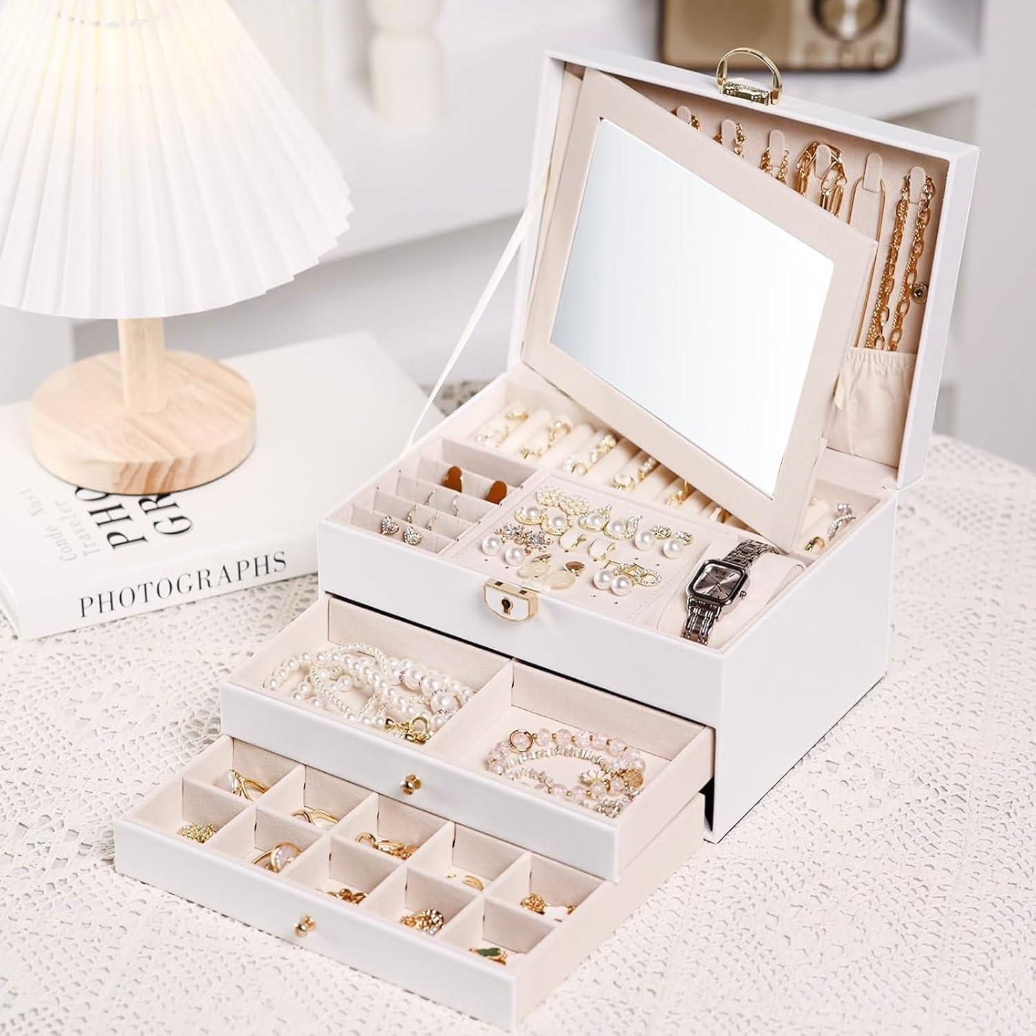 Grande Boîte à Bijoux 3 Niveaux Anti-Noeuds et Poussière avec Clé