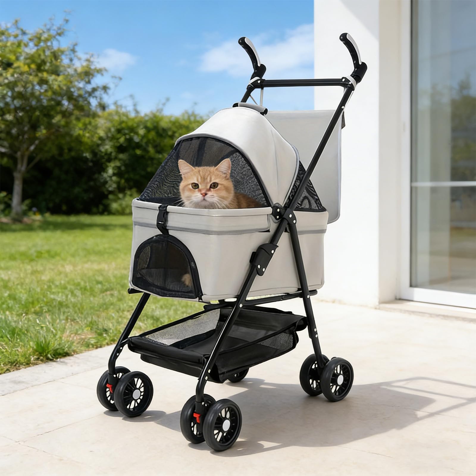 Cochecito para perros 2 en 1 plegable hasta 20 kg, carrito para gatos, carrito plegable con caja de transporte extraíble, carrito para gatos pequeños y gatos, ventana de red, cesta de almacenamiento