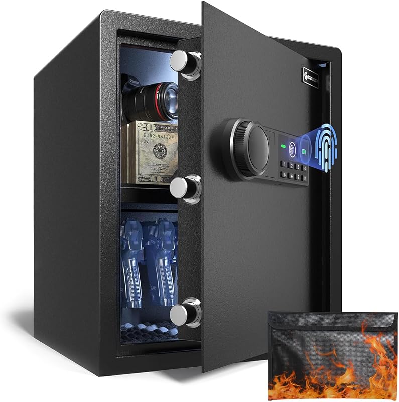 XDeer 1.69 CuFt Biometric Safe with Fireproof Bag, Home Safe for 4 Pistols | Fingerprint Safe Box with Backlit Keypad & LED Light, Money Safe for Cash/Jewelry//Documents/Gun, Removable Shelf & Gun Rack