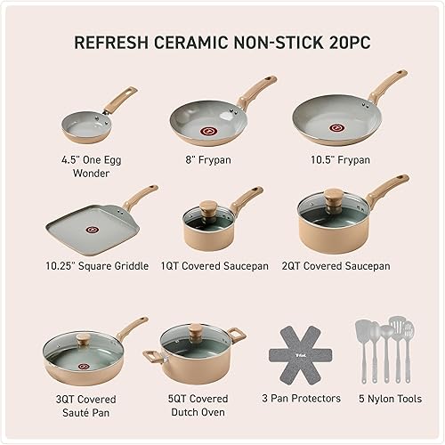 Miniatura 2 de T-Fal Refresh - Juego de utensilios de cocina antiadherentes de cerámica, 20 piezas, apto para horno hasta 350 F, olla de cocina, ollas y sartenes