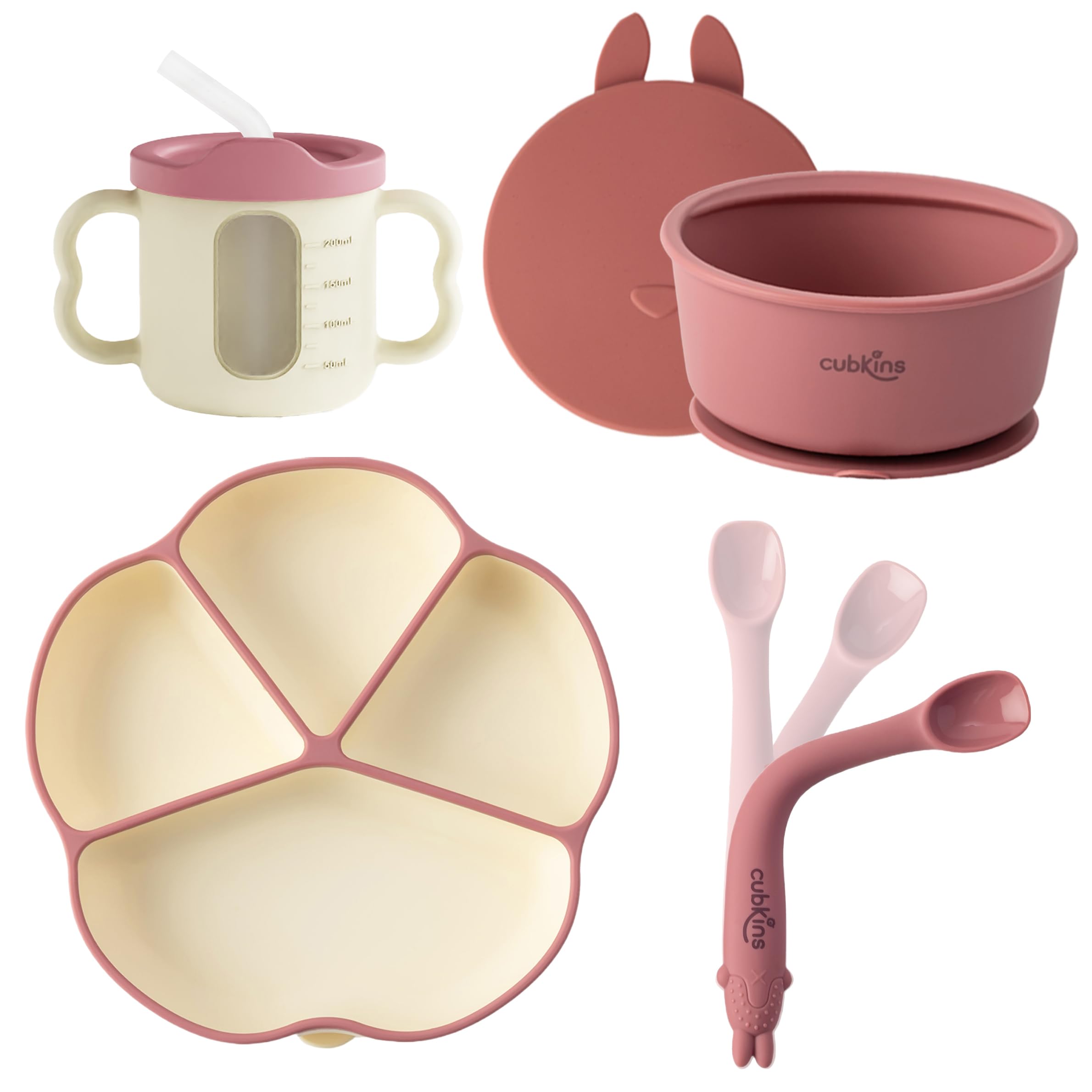 Silicone Suction Plate, Bowl with Lid, Sippy Cup with Straw & Bendable Training Spoon Set of 4 for Feeding Babies | BPA Free, Washable and Reusable Feeding Set for Kids, Toddlers (Raspberry)-image-7