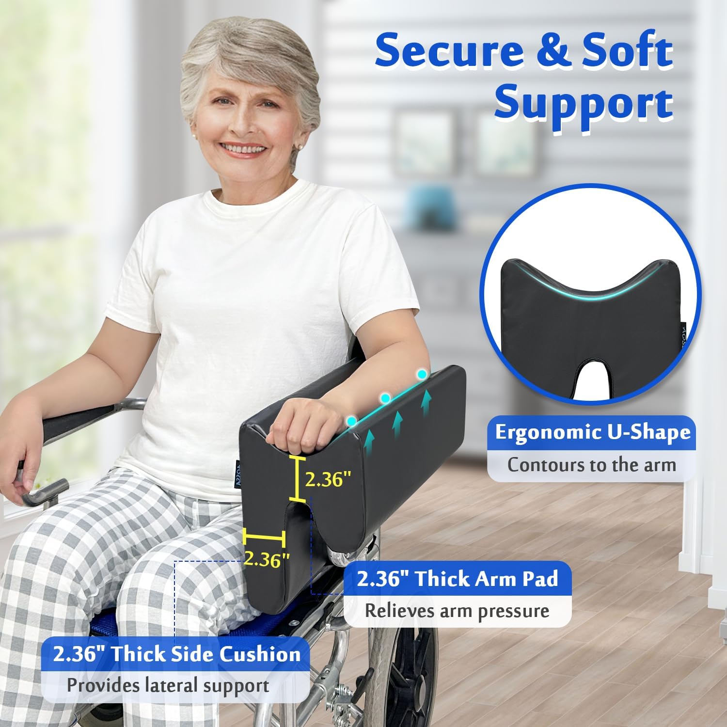 AOSSA Wheelchair Armrest Pad with Lateral Support, U-Shaped Arm Trough Cushion & Positioning Wedge Pillow for Stroke Patients, Waterproof PU Leather Elbow Rest Bolster Attachment for Elderly (Black)