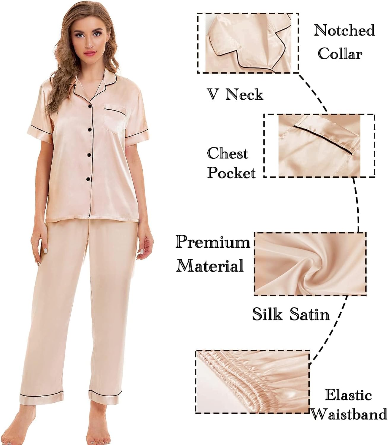 SWOMOG Women Satin Pajamas Set Short Sleeve Top & Pants Sleepwear Silky Button Down Nightwear 2pcs Loungewear Pjs Set