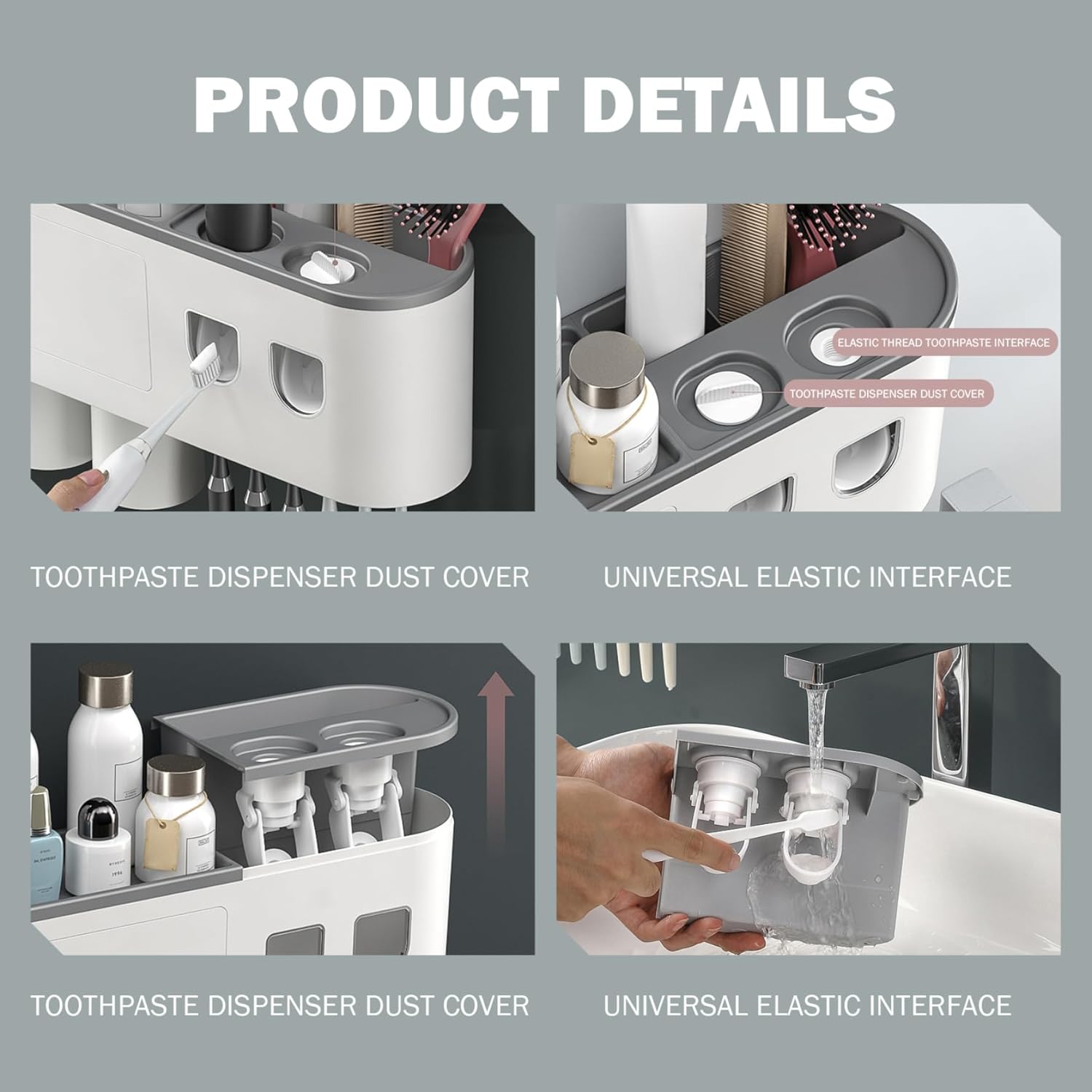 Automatic Toothpaste Dispenser with 3 Cups, Toothbrush Holder Wall Mounted No Drill Bathroom Organizer, ABS Storage Shelf Gray Toothbrush Holder Electric Holders Automatic Dispenser Wall