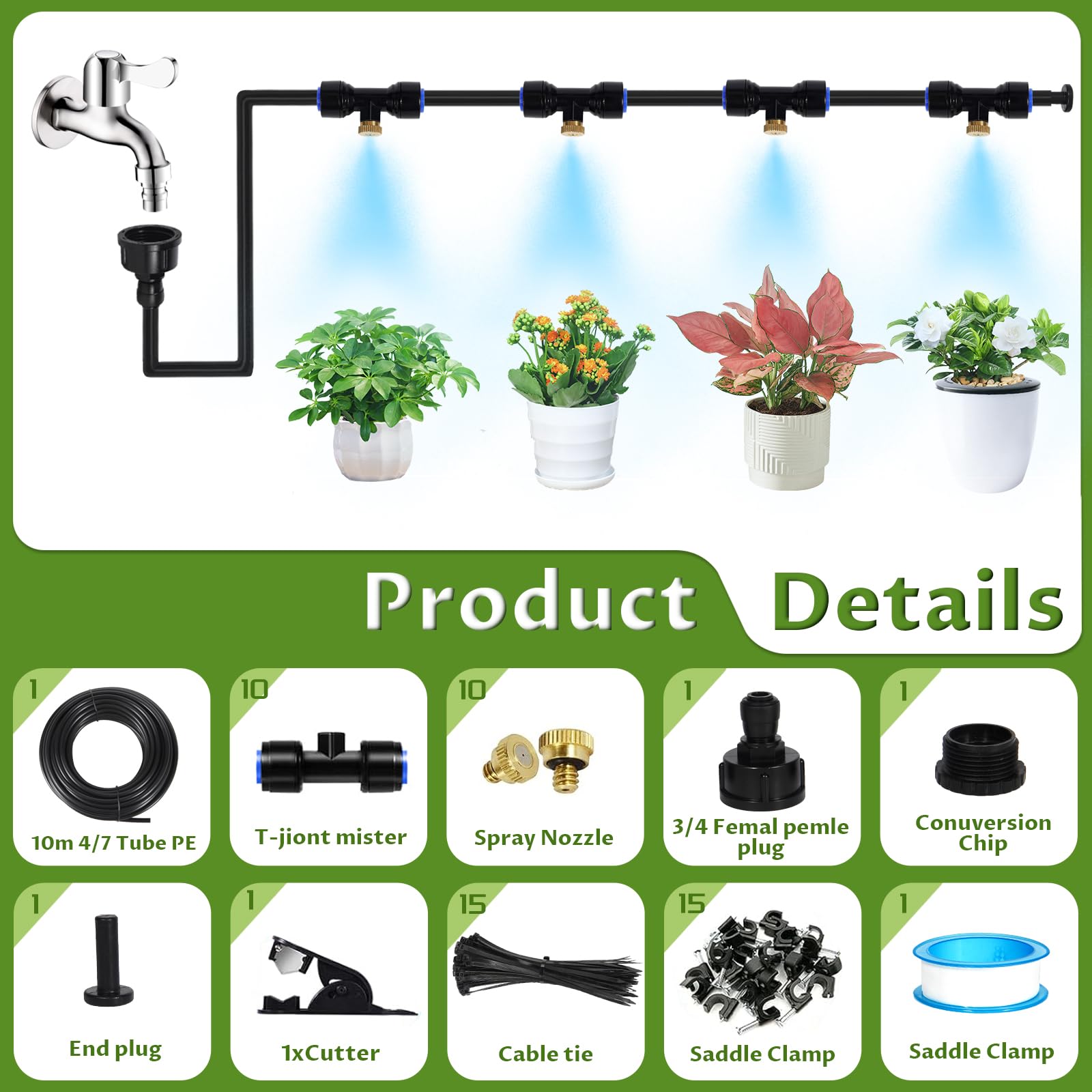10M Bewässerungssystem Garten, Sprühnebel Kühlung Bewässerungs System DIY Wassernebel Nebelkühlsystem Mist Cooling mit, Bewässerungssystem Düse, für Garten Pavillon Sonnenschirm