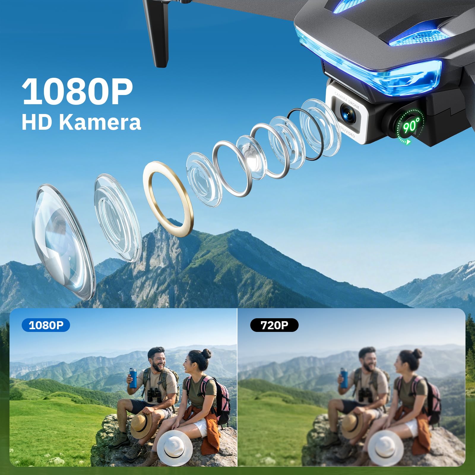Drohne mit Kamera 1080p, Wipkviey T28 Faltbarer FPV Quadcopter für Anfänger & Erwachsene, RC-Drohne mit 3D-Flips, Höhenhaltung, Gestensteuerung, Wegpunktflug – Geschenkidee für Kinder (2 Batterien)