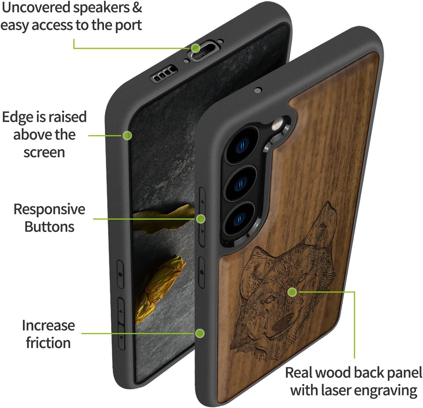 Carveit Wood Case for Galaxy S23 Plus Case [Natural Wood & Black Soft TPU] Shockproof Protective Cover Unique & Classy Wooden Design Compatible with S23 Plus (Wolf Head-Walnut)