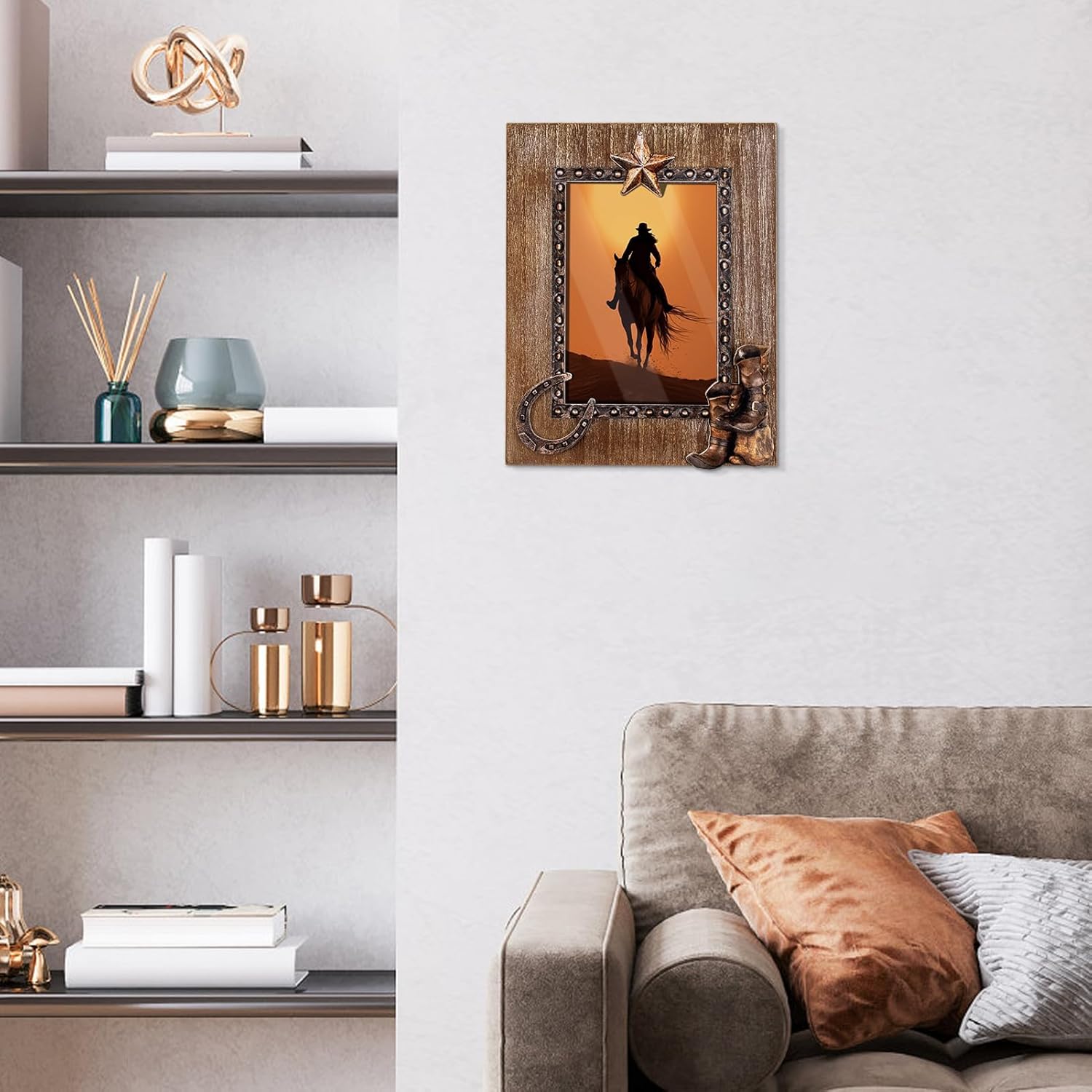 OKSQW 5 x 7 Rustic Wood Picture Frame with Cowboy Design, Solid Wooden Photo Frame with High Definition Glass, Cool Handicrafts Tabletop or Wall Mounting Great for Display for Farmhouse Home Decor.