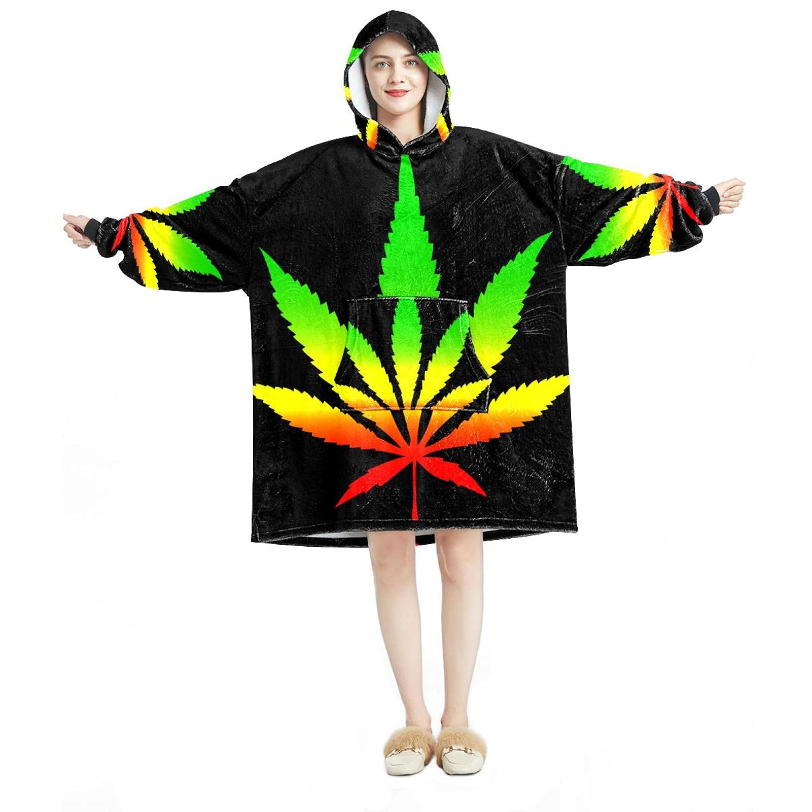 Eslifey Unisex Multicolor 07 Oversized Hoodie Blanket Sweatshirt, Sherpa Flannel Wearable Blanket Hoodies With Pocket For Adults Men Women, Weed Leaves